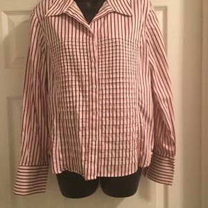 Nice, dressy, maroon and white striped blouse.